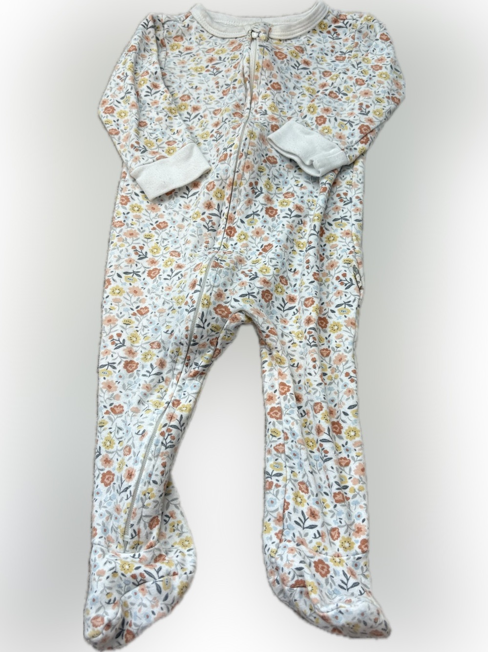 Floral Zip-Front Footie Pajamas - White with Pink & Yellow Flowers
